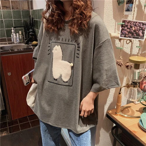 

Cartoon Alpaca Animal Printed Casual Loose Oversize Korean Style 2021 Summer Short Sleeve Women Top Female T-shirts
