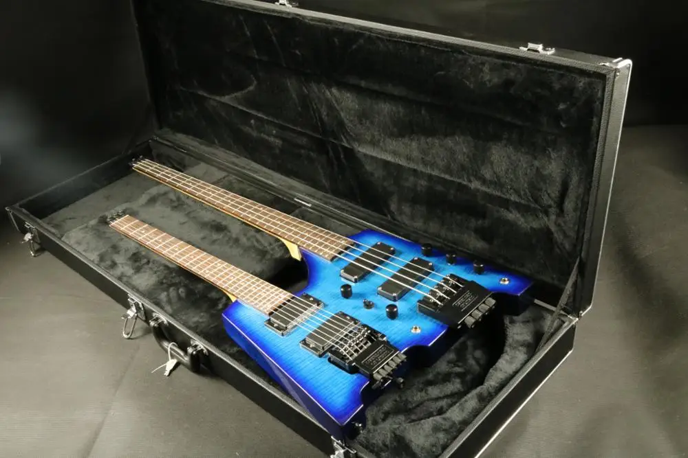 Hign конец качество двойная электрическая гитара ra синий цвет Безголовый бас