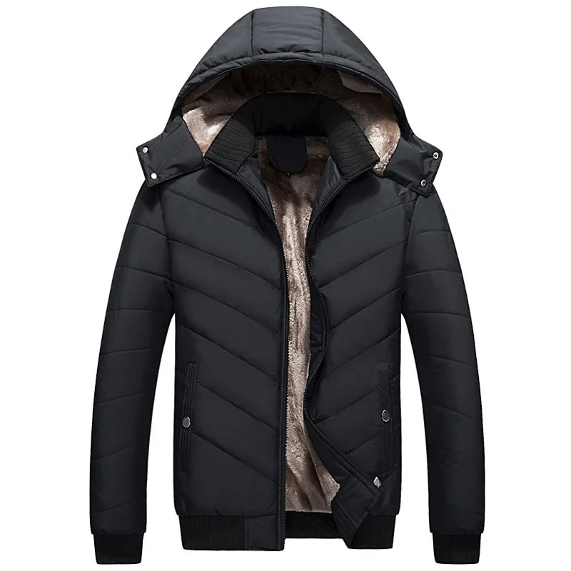Winter Warm Men Jacket New Casual Hooded Park Coats Outwear Male Thicken Velvet Zipper Solid Overcoat Clothing Windproof - Цвет: WISH186 Black