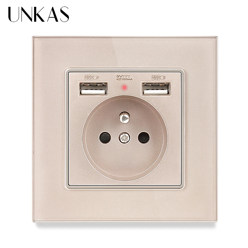 UNKAS Gray Crystal Glass Panel French Power Socket With Dual USB Port Grounded 16A Hidden Soft LED Indicator Electrical Outlet |