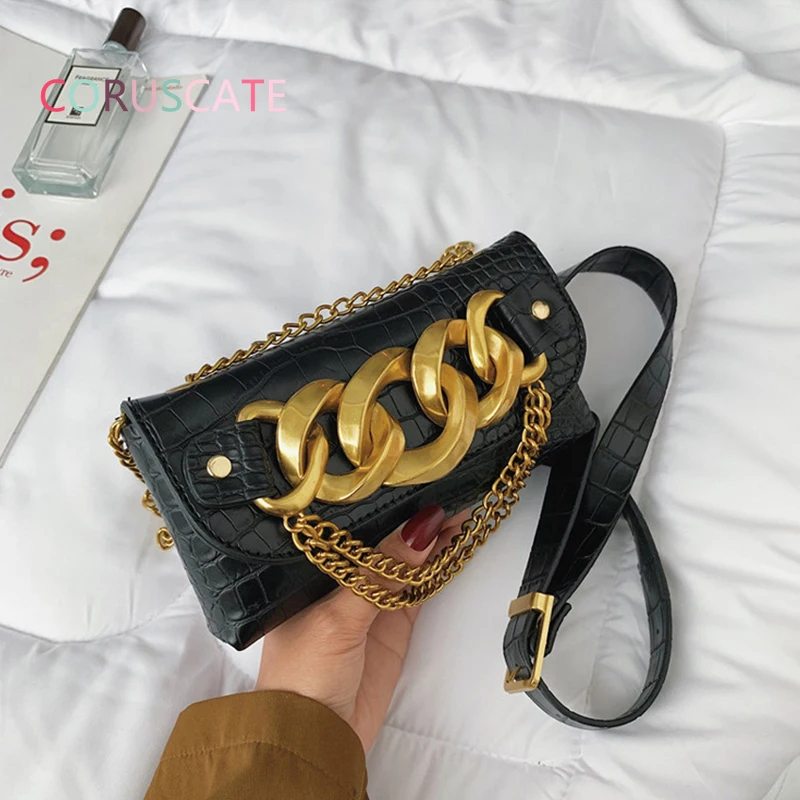 

Fashion Waist Bag European Style New Pure Color Thick Chain Decoration Women's Shoulder Messenger Bag Retro Female's Belt Bag