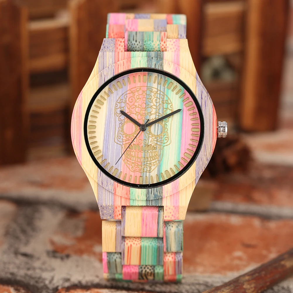 Lover's Wooden Watch Gift Quartz Men Skeleton Round Dial Bamboo Wood Watchstrap Colorful Wooden Case Bangle Gift for Couple