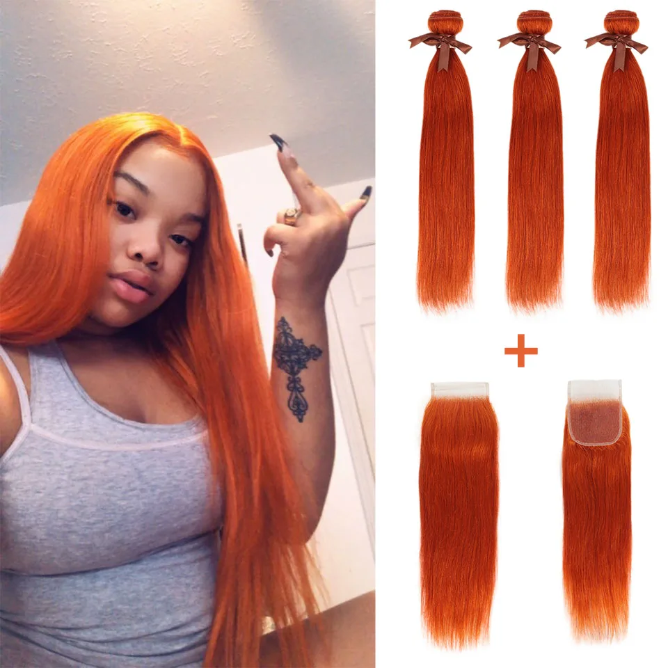 Remy Forte Straight Hair 613 Blonde Orange Bundles With Closure Remy Brazilian Hair Weave Bundles 3/4 Bundles with Closure Fast