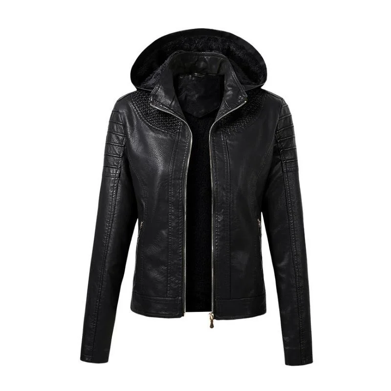 

Women Hooded PU Leather Jackets Coffee Black Winter Warm Outerwear Motorcycle Coats Fashion Faux Leather Jacket Hoodies 2020