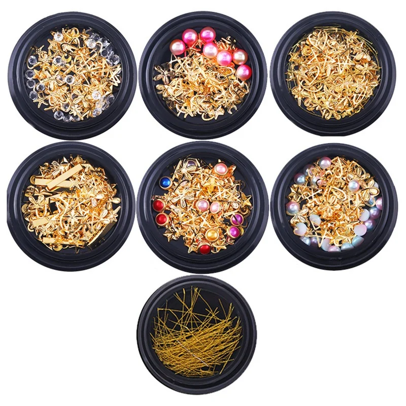 7 шт./компл. смешанные золотые заклепки для ногтей Звезда Луна жемчуг стразы