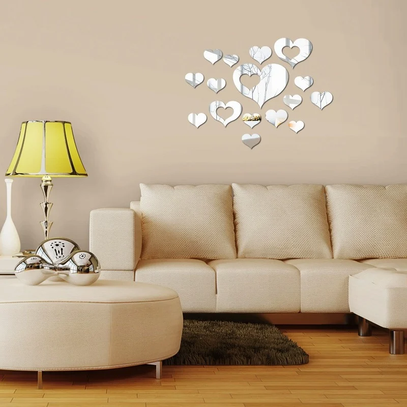 3D Mirror Wall Sticker Heart Shaped Mirror Wall Stickers Removable DIY Wall Poster Decor For Home Living Room