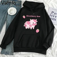 strawberry cow kawaii clthes women harajuku cute hoodie casual pullover oversized aesthetic sweatshirts winter woman clothing