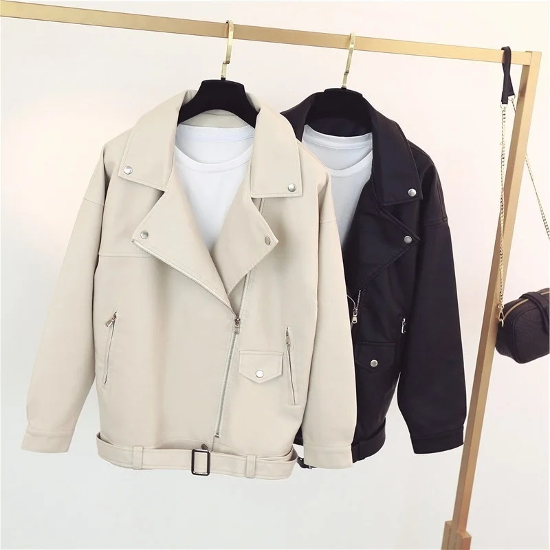 Enlarge 2020 new women's Motorcycle Leather large Autumn casual Pu wash leather Lapel loose jacket