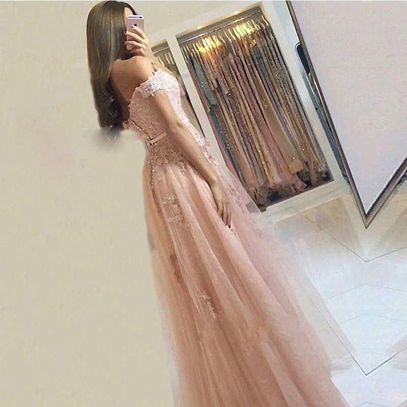 

New Elegant Off Shoulder Lace Appliques Tulle party Dresses Graduation Party Formal Gowns Plus Size dress Long Vestidos 2019