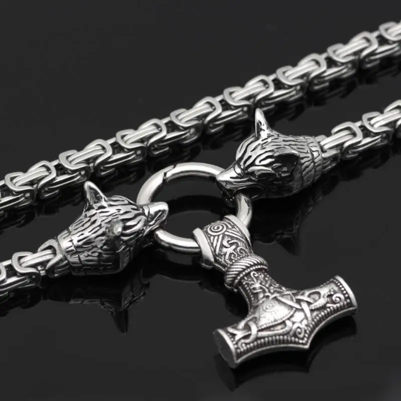

Trending Viking Wolf Head Thor's Hammer Pendant Necklace Men Domineering Fashion Necklace Rock Party Jewelry Gift