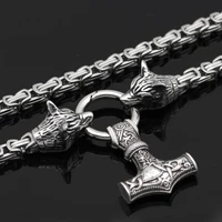 retro viking animal wolf head thors hammer pendant necklace mens personality punk rock motorcycle jewelry