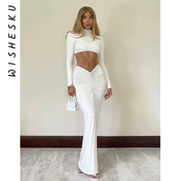 women sexy long sleeve crop topsruched maxi skirts white 2 two piece sets party clubwear outfits pencil long skirt 2021 autumn