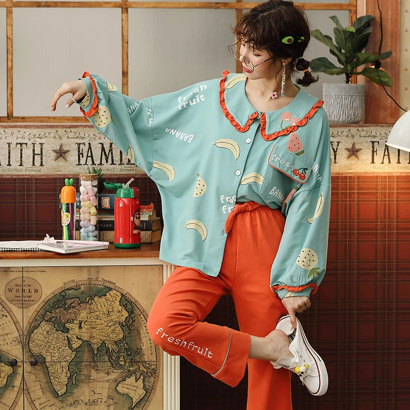 JRMISSLI хлопковая длинная Пижама набор для женщин с фруктовым принтом M XXL большой