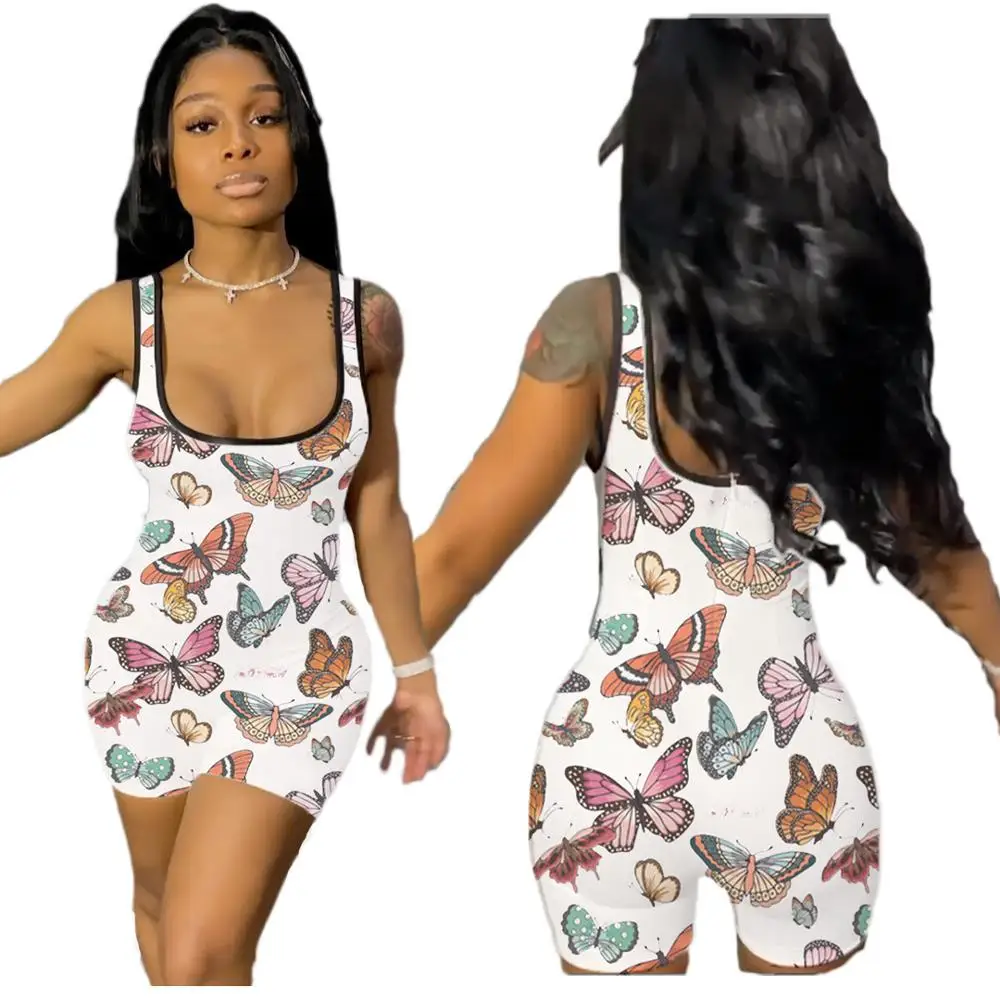 Adogirl Butterfly Print Jumpsuit Color Patchwork U Neck Tank Vest Shorts Romper Casual Playsuit Summer Fashion Onesies Overall | Женская