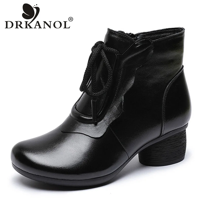 

DRKANOL New Design Women Ankle Boots Winter Warm Plush Thick Heel Boots Retro Genuine Leather Round Toe Mother Short Boots