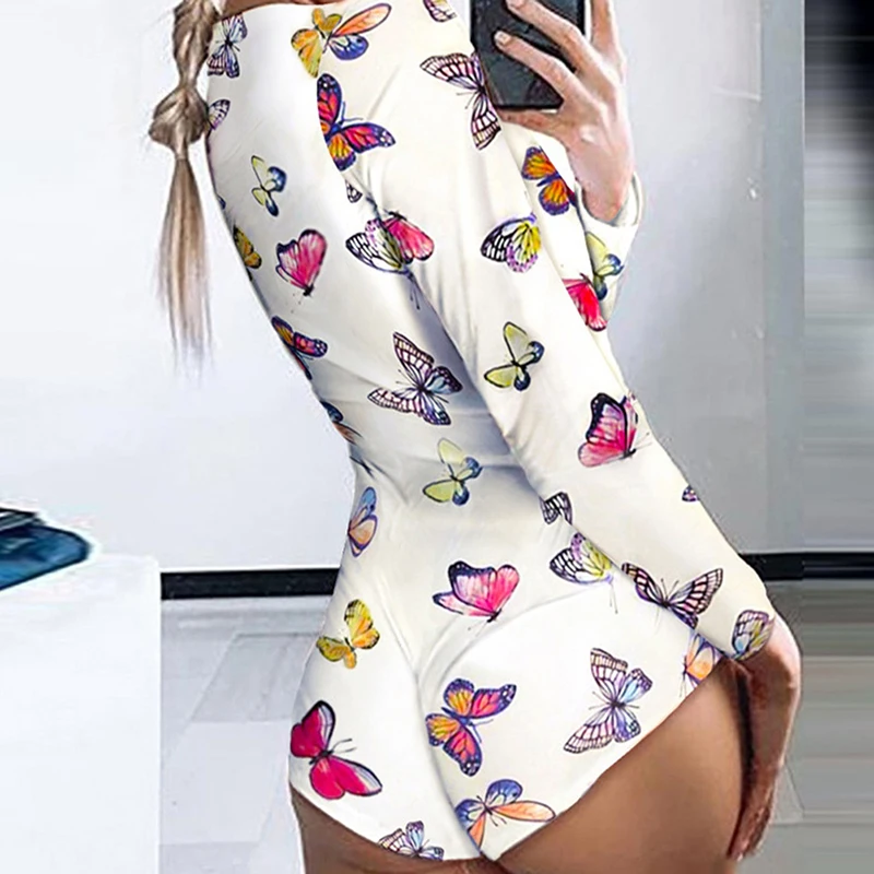 

Sexy Women Deep V Neck Bodycon Sleepwear Jumpsuit Bodysuit Shorts Romper Bodysuit Leotard Long Sleeve Print Button Bodysuit
