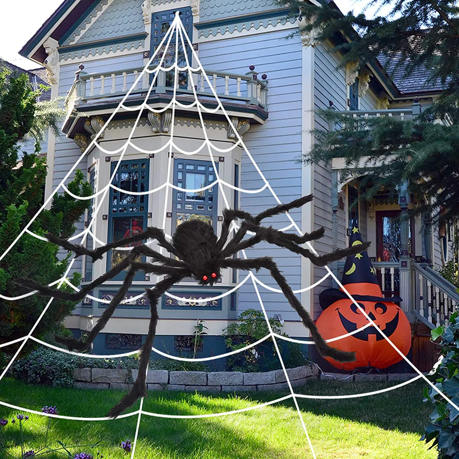 Украшения для Хэллоуина, Гигантский паук, поддельный паук с треугольным огромным пауком, паутина для помещений, улицы, двора, домашних вечер...