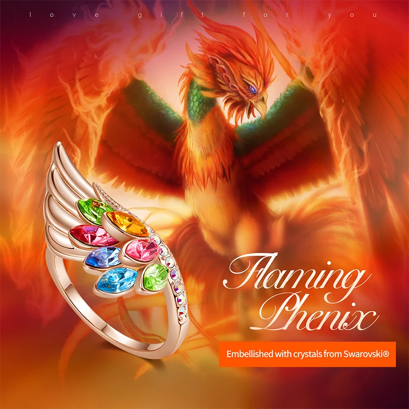 Cdyle Роскошные винтажные Изящные радужные Кристаллы Кольцо с перьями Феникса