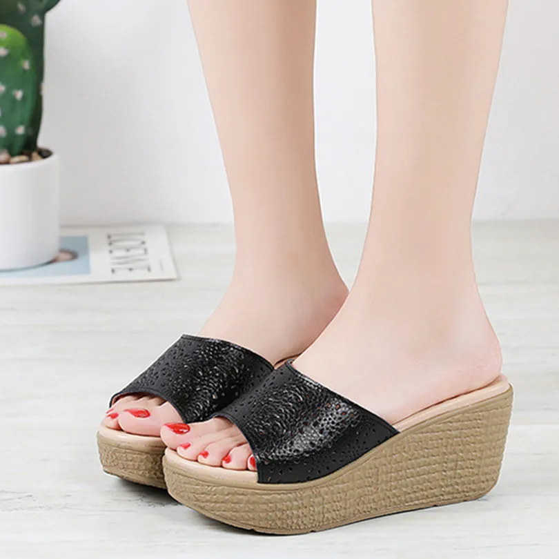 

Elegant Platform Heels Hollow Sandals Womens Fashion Summer Genuine Leather Wedges Ladies Solid Open Toe Womans Slippers Shoes