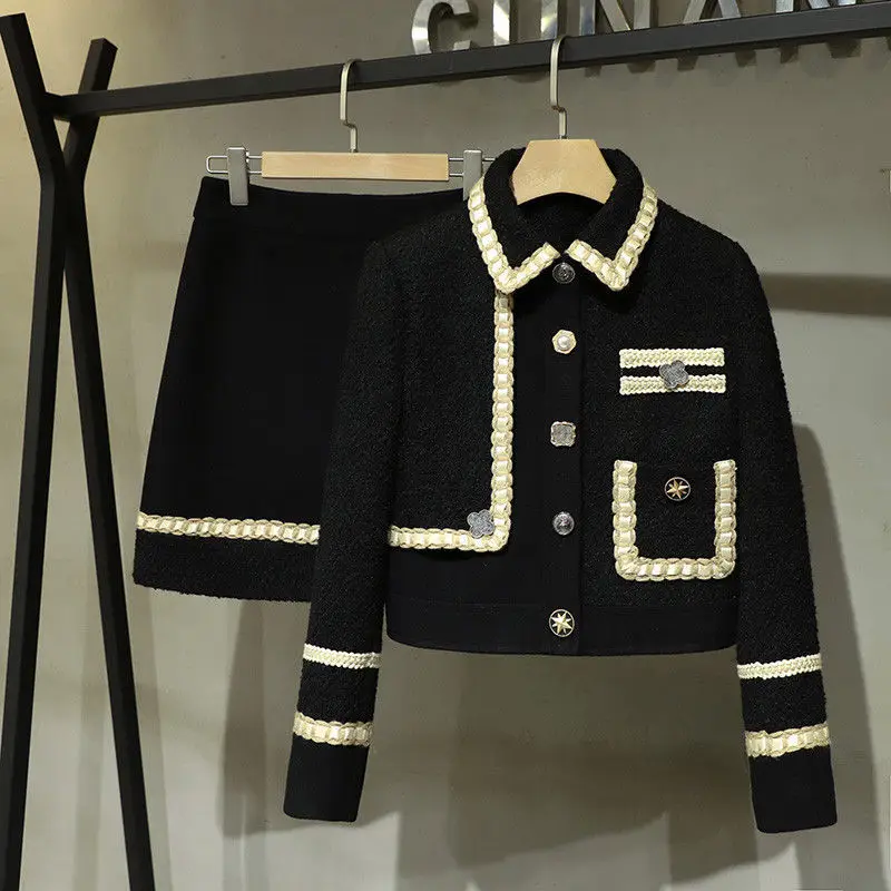 

2021 Autumn Winter Women's Fashion Suits Female Lapel Tweed Short Jackets + High Waist Mini Skirts Ladies Two-Piece Sets E788