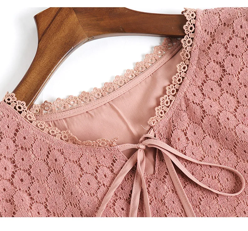 

Dresses Women Summer New Lace Mesh Stitching Hollow Out Embroidery Flower Female Dress Loose Short Sleeve Sweet vestido de mujer