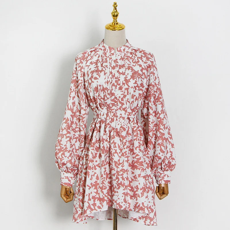 

SeeBeautiful Print Stitching Loose A-line Dress Stand Lantern Sleeve Single Breasted Waist New Fashion Summer 2021 Woman G089