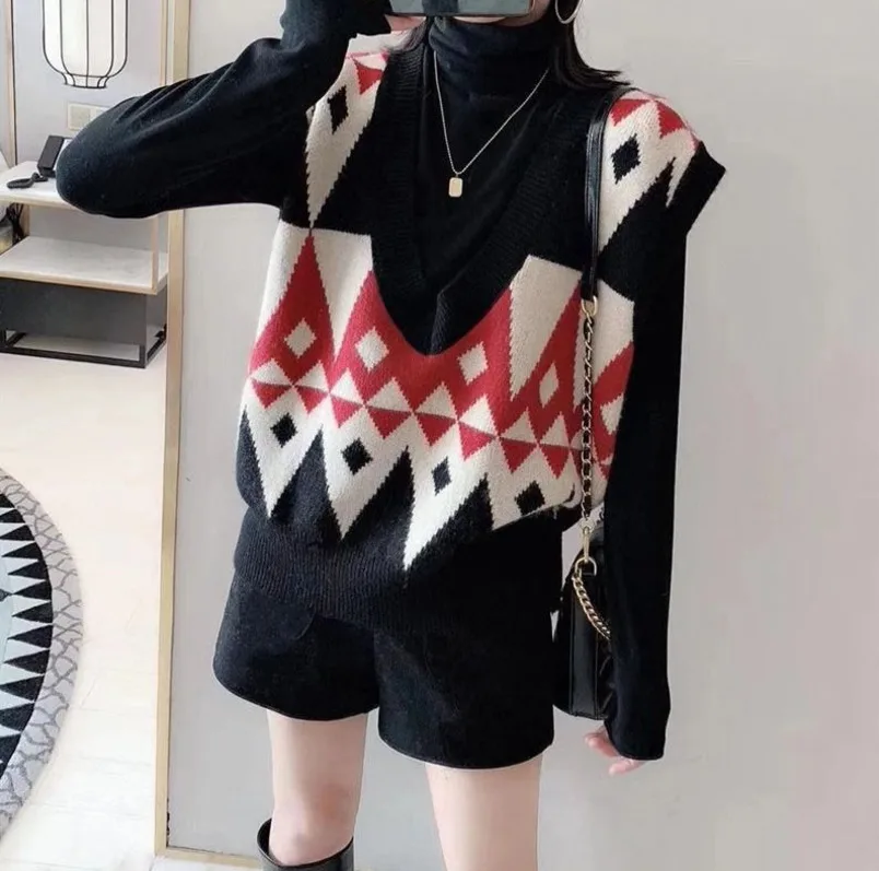 

Winter Diamond Sweater Vest V-neck For Women New Korean Knitted Sleeveless Pullovers Sweater Vest For Student Coat Tops Women