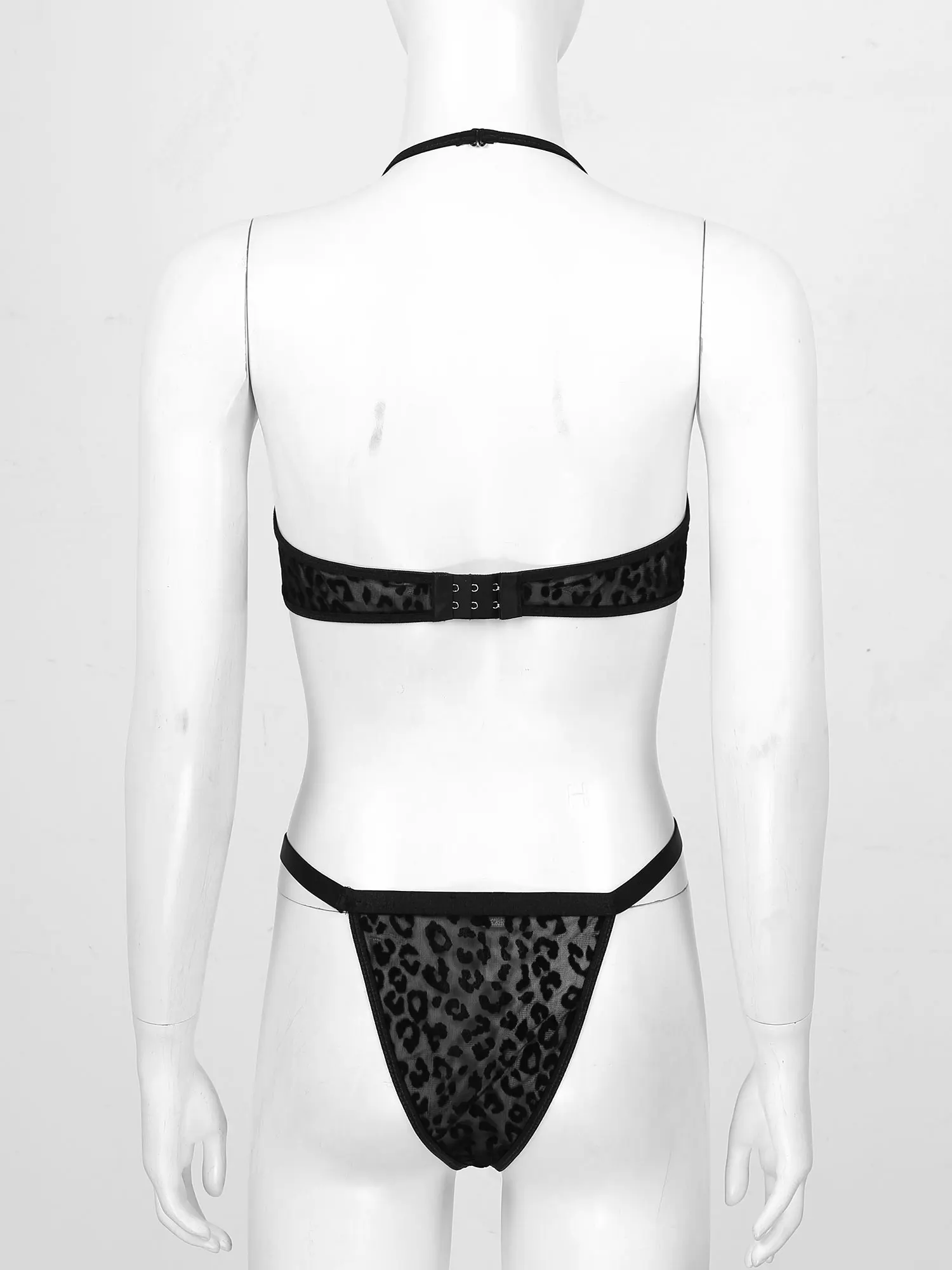 

Womens Adult Lady Leopard Exotic Lingerie Sets Clubwear See-Through Hollow Out Mesh Underwear Bra with T-Back Briefs Panties