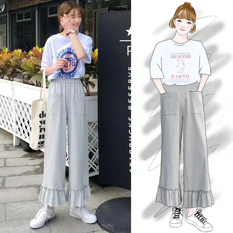 

Women Summer Ankle-length Pants Loose Wide Leg Pants Elastic High Waist Oversize Pocket Trousers Comfortable Ladies Pants