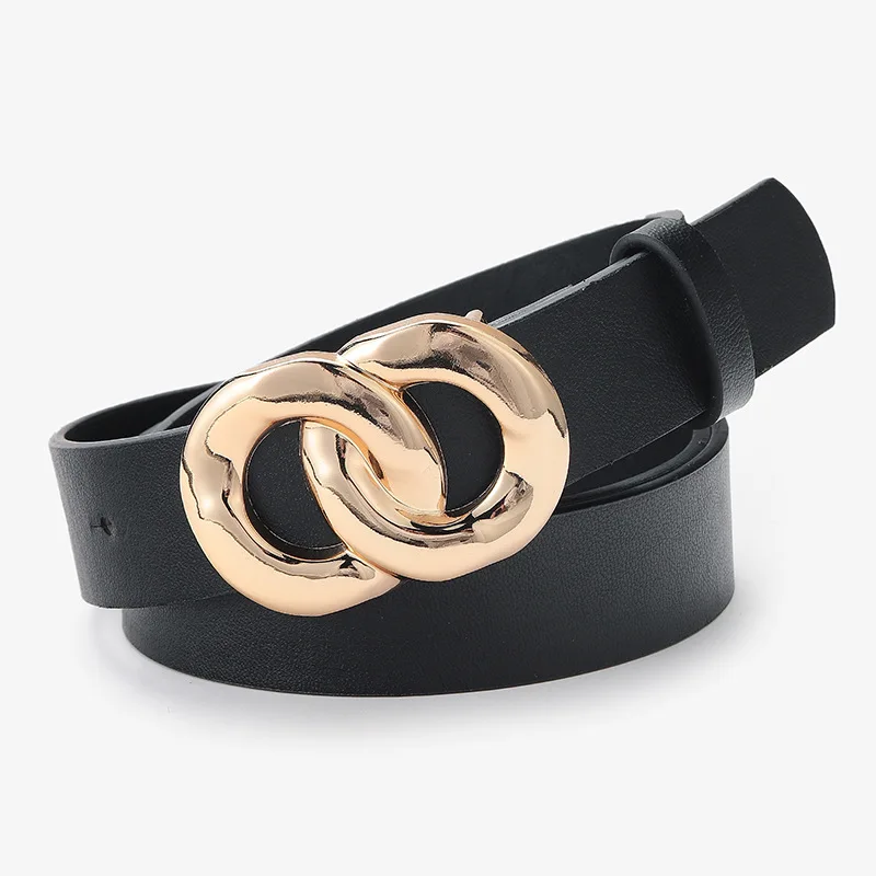 

Women Double Ring Gold Belt Fashion Pu Metal Buckle Belts for Women New Black Red Waistband Female Jeans Dress 2021