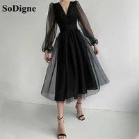 sodigne simple black a line evening dresses long sleeves tulle party dress empire tea length midi prom gowns 2021