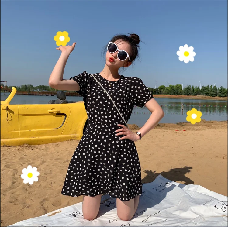 Женское шифоновое мини-платье милое черное платье с круглым вырезом и цветочным