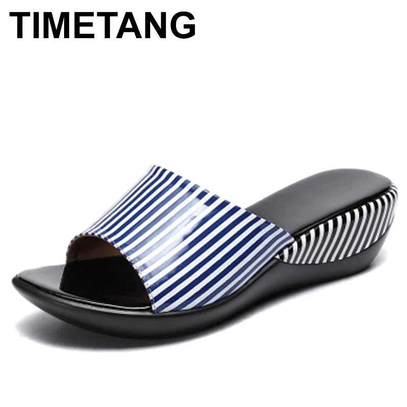 

TIMETANGWomen Slipper's 2022 Ladies Summer Slippers Shoes Women Wedges Heels Striped Fashion Summer Shoes Geuine Leather