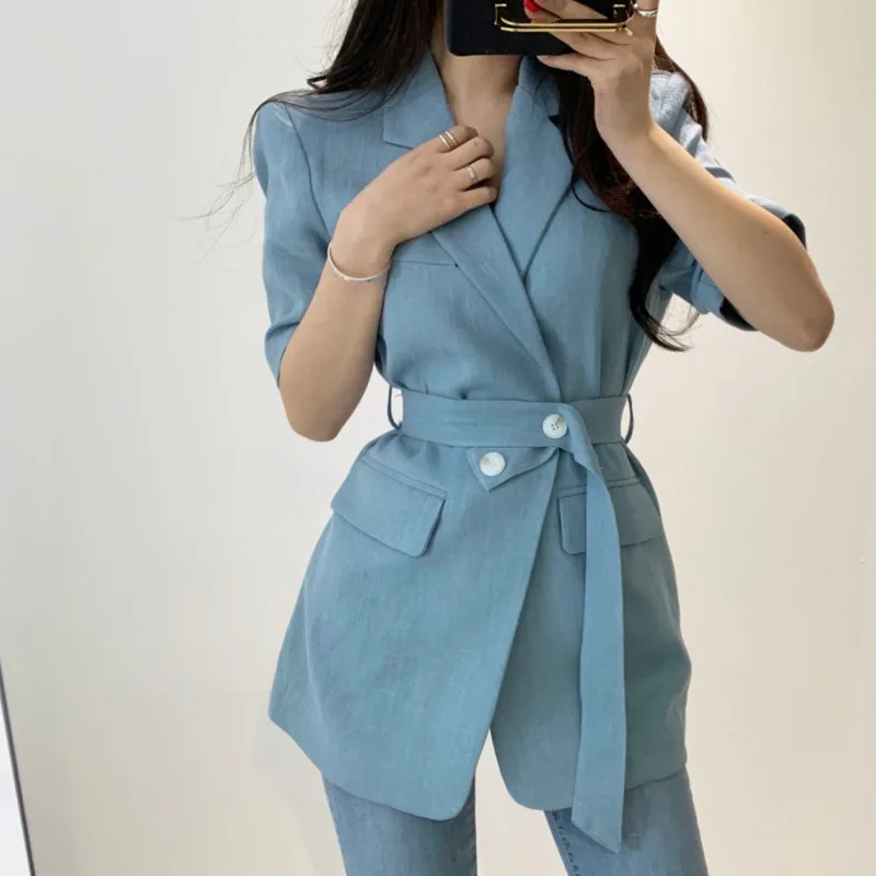 

Fashion Slim Collected Waisted Blazers Women Elegant Office Lady Solid Notched Belt Jacket Women Summer New Suit Ladies