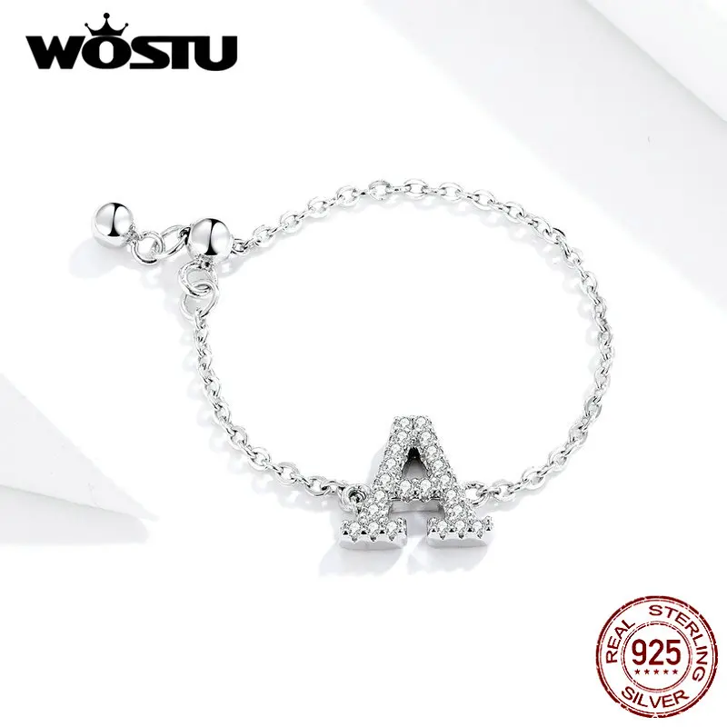 WOSTU, настоящее 925 пробы, Серебряные буквы, а м кольцо, циркон, регулируемое, 8 см., звено цепи, кольца с буквами алфавита, палец для женщин, ювелирные изделия CQR601