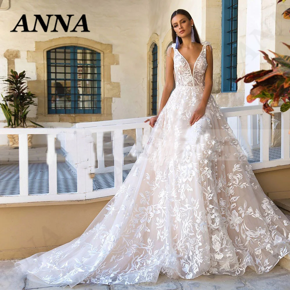 Anna Beauty Wedding Dress 2021 Elegant O-Neck Tulle Beach Party Gown Boho Applique Lace Up Vestido De Noiva Civil Women Skirt ball gown wedding dress