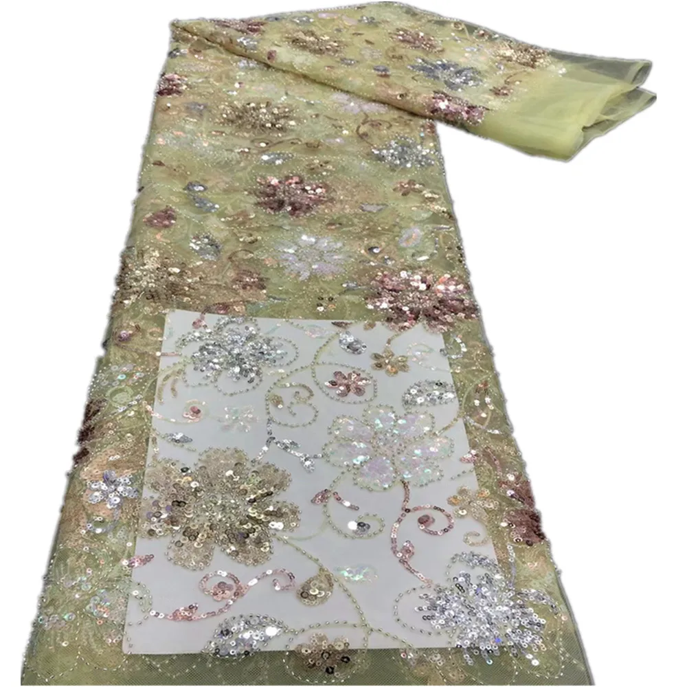

Nigerian Lace Fabric 2021 Gold High Quality African Lace French Tulle Sequin Embroidery Lace Fabrics For Party Dress XB-190