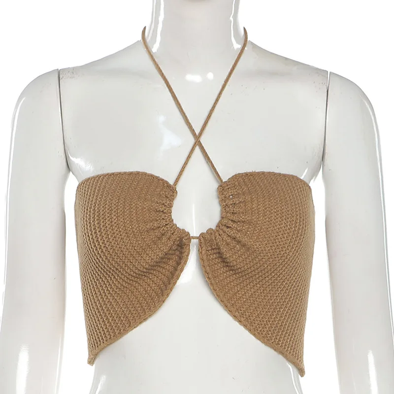 

Sexy Knit Halter Neck Crop Tops Women's 2021 Summer Fashion Backless Hollow Out Off Shoulder Bandage Camis Party Clubwear Y2K