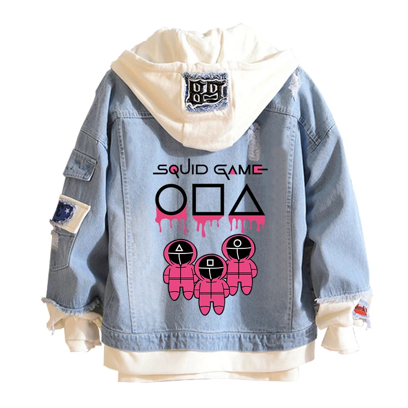 

New Squid Game Hoodie Spring and Autumn Unisex Loose Halloween Denim Jacket Fake Two Jackets Cosplay Costume