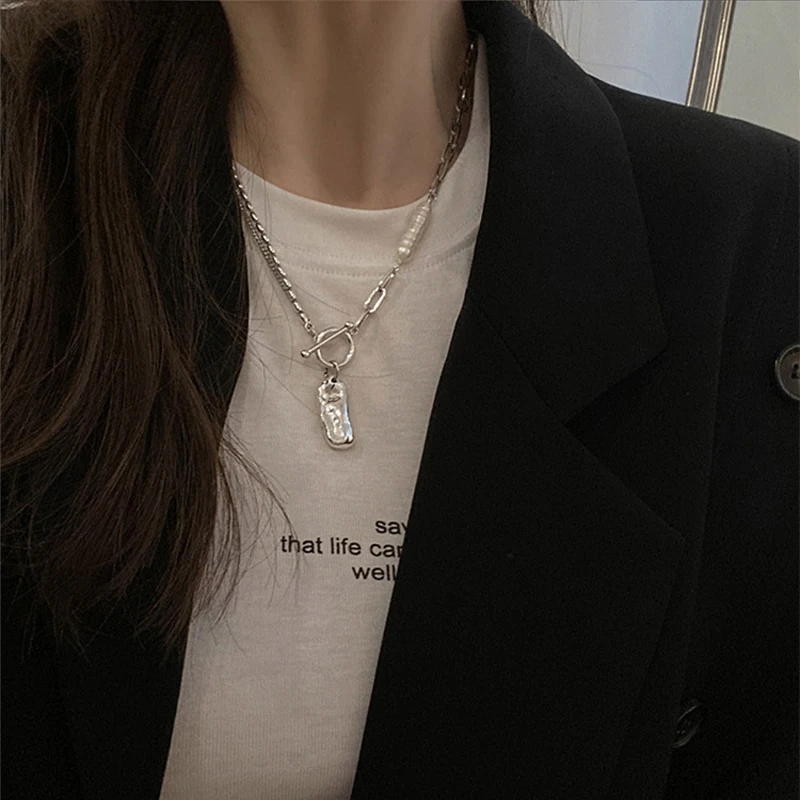 

925 Sterling Silver Irregular Pearl OT Buckle Necklaces for Women Temperament Korean Hot Niche Design Accessories