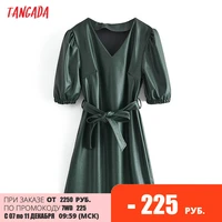 tangada 2021 women solid faux leather short dress with slash v neck puff short sleeve ladies mini robe qn93