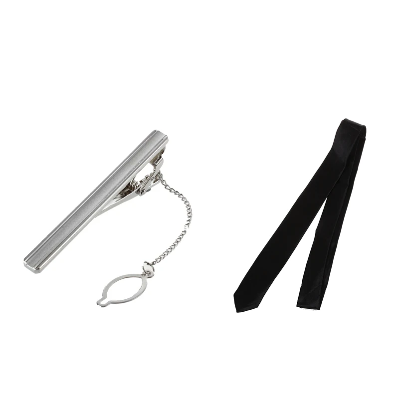 

Men Necktie Tie Spring Loaded End Clip Clasp Bar Silver Tone & Black Polyster Skinny Neck Tie Necktie 57 Inch For Men