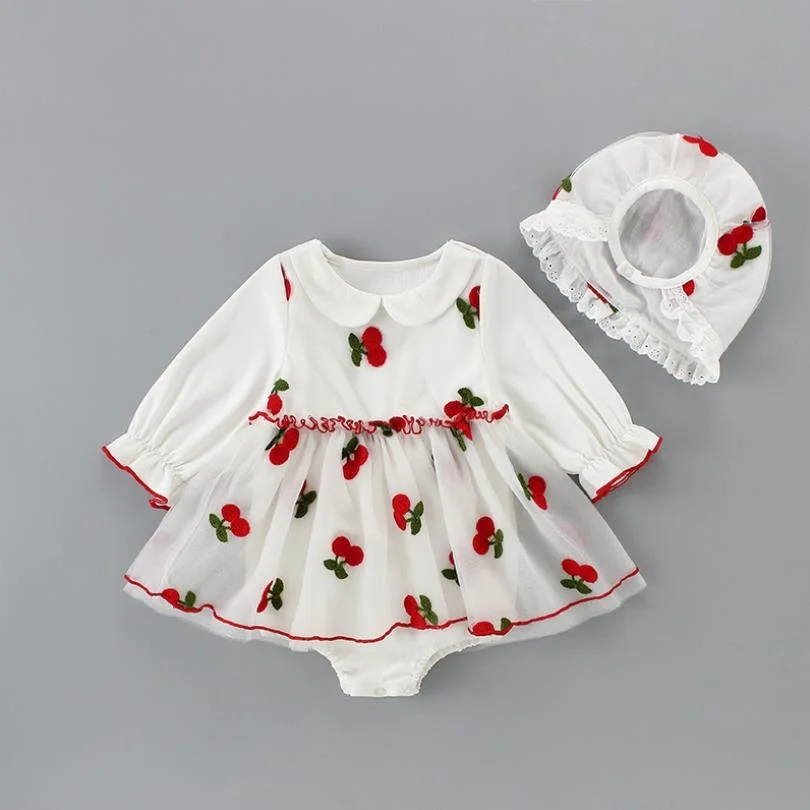 0-24M Baby Spring Bodysuit Infant Girls Mesh Embroidery Princess Dress Christening Baptism Party Wedding Jumpsuit With Hat L822 | Мать и