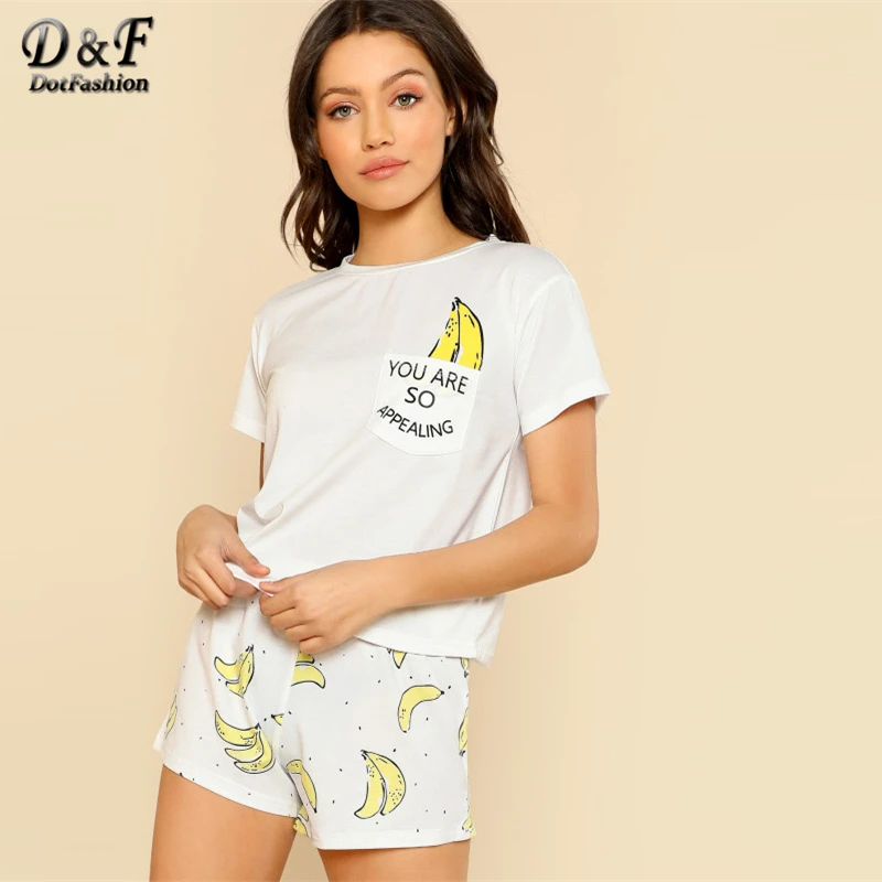 Dotfashion, принт банана, карман спереди, топ с шортами, пижамный комплект, для девушек, короткий рукав, милый пижамный комплект,, эластичный пижамный комплект
