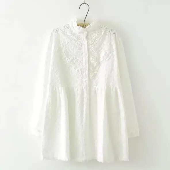 Кружевная белая рубашка со стоячим воротником с длинными рукавами и цветочной