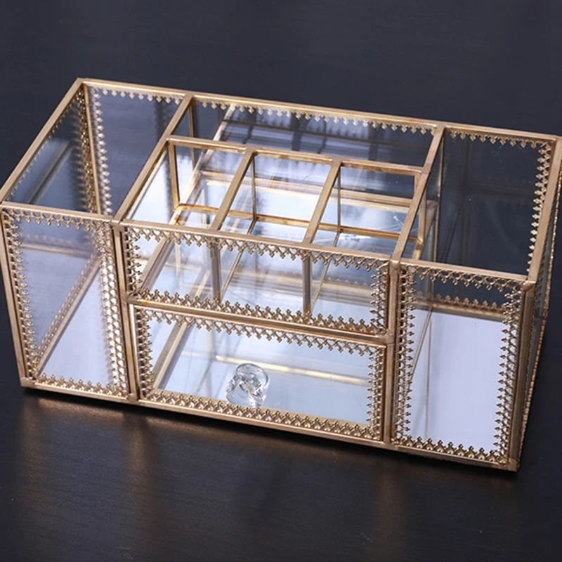 Make Up Storage Baskets Vintage Golden Polygon Shaped Organizer Brass Tone Clear Glass Ornate Jewelry Sundries Tray | Багаж и сумки