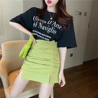 women korean skinny pencil skirts green summer folds mini skirts female split high waist shirring sexy club skirt elegant a line
