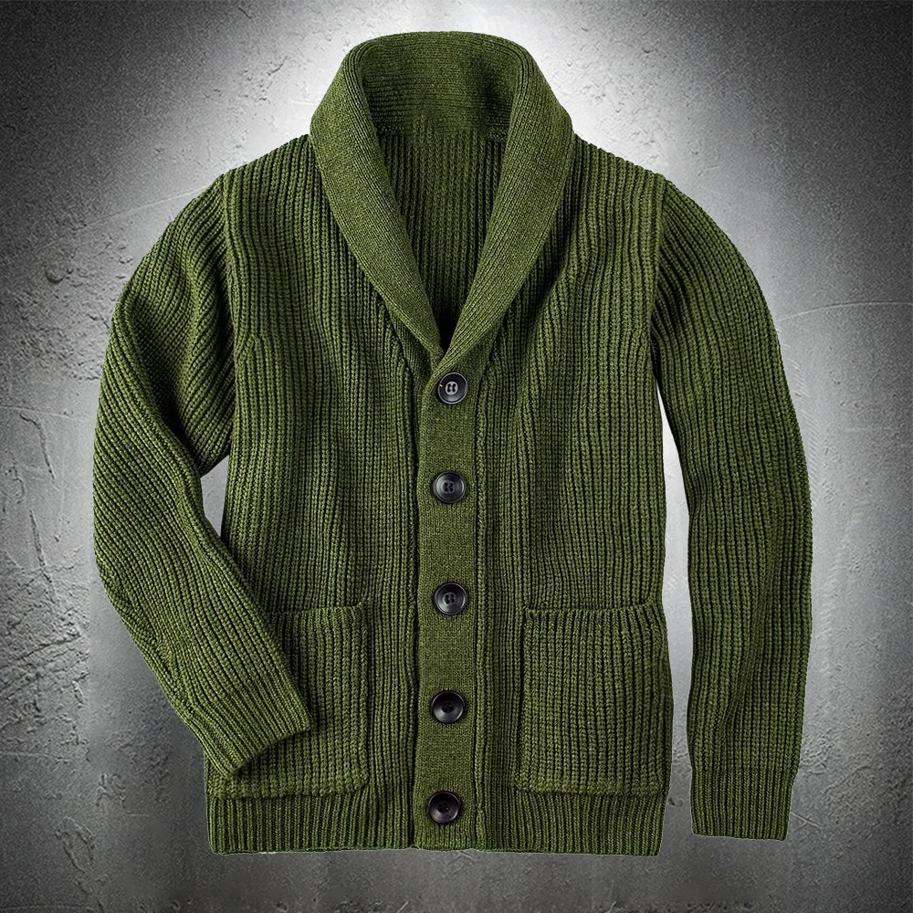 

Army Green Cardigan Sweater Men Sweater Coat Extra Coarse Wool Sweater Thicken Warm Casual Coat Men Fashion Clothing Button Up