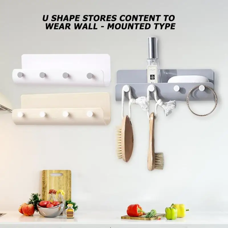 

U-shaped Storage Holder Wall-mounted Hanging Key Hanger Rack With 4 Hook Storage Rack Books Sundries Organizer Shelf Home Decor