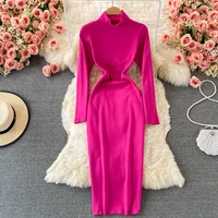 elegant womens solid knit dress for autumn and winter high neck long sleeve bodycon dress base package hip robe female vestidos